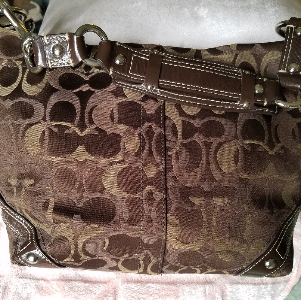 Brown embossed fabric Coach Purse